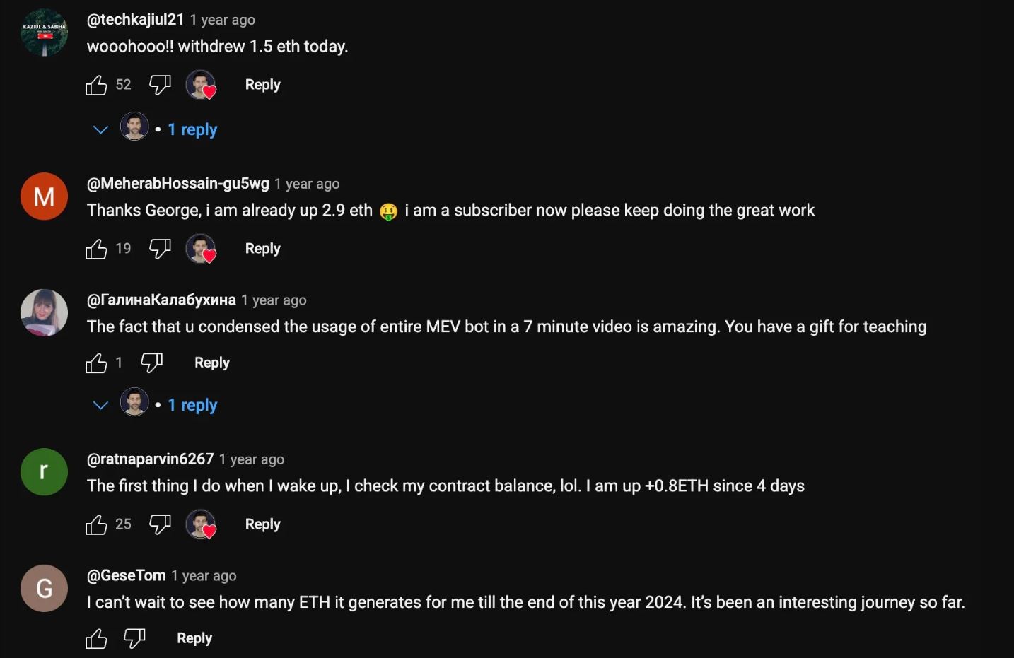 Aged YouTube Accounts May Be Used to Promote Scam Crypto Trading Bots Targeting Ether Users 2 The video comment sections are filled with fake comments claiming the trading bot works as advertised.