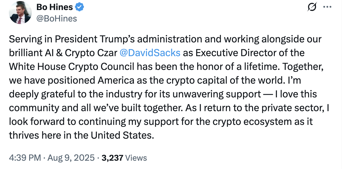 Bo Hines Steps Down from White House Crypto Council, Future of Bitcoin Reserve Strategies Remains Uncertain 1 Bitcoin Regulation, US Government, United States, White House
