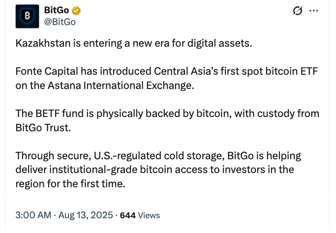 BitGo's Custody Role in Kazakhstan's First Spot Bitcoin ETF: Opportunities and Challenges Ahead 1 BitGo custody announcement