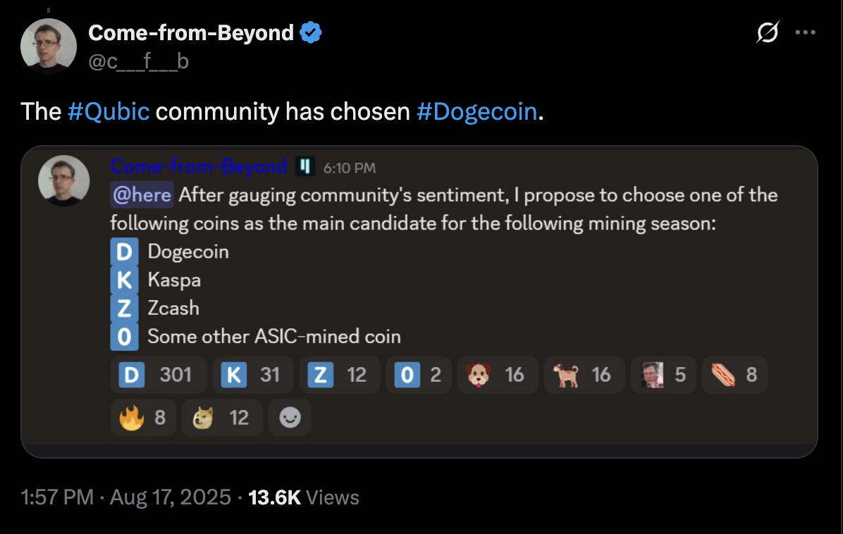 Qubic Community Votes to Target Dogecoin After Controversial Monero 51% Attack 1 Dogecoin, Monero