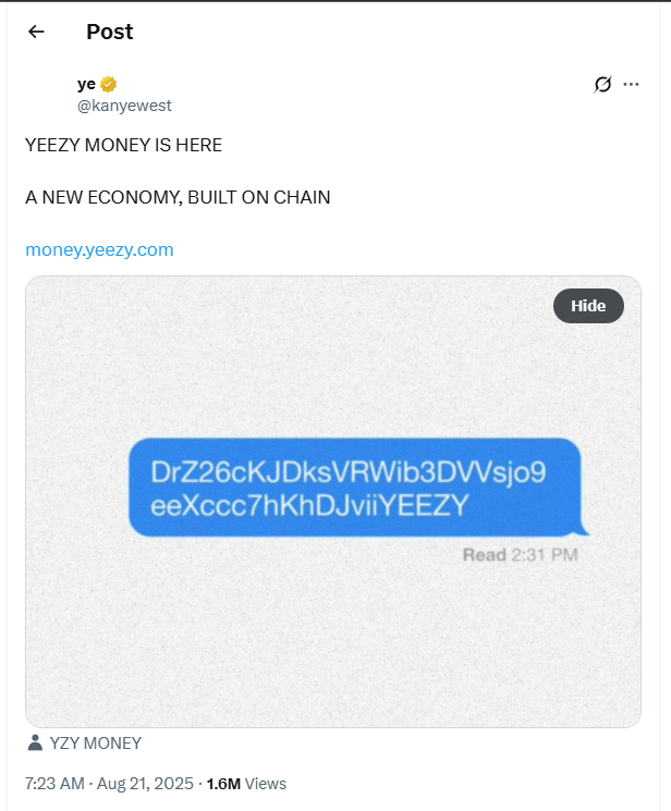 YZY Token's Rapid Rise and Decline May Indicate Insider Selling, While Whales and Traders Continue Buying 1 0198cb36 bc4c 7ea6 ae7e 0c5c83b948a1