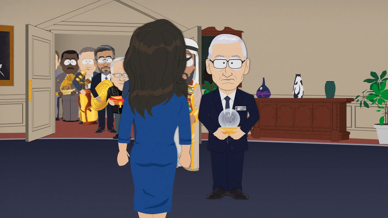 South Park Episode Satirizes Trump's Crypto Ties, Portrays Bitcoin Gifts From Tech Leaders 2 Screenshot showing cartoon tech CEOs and a Bitcoin prop in Oval Office