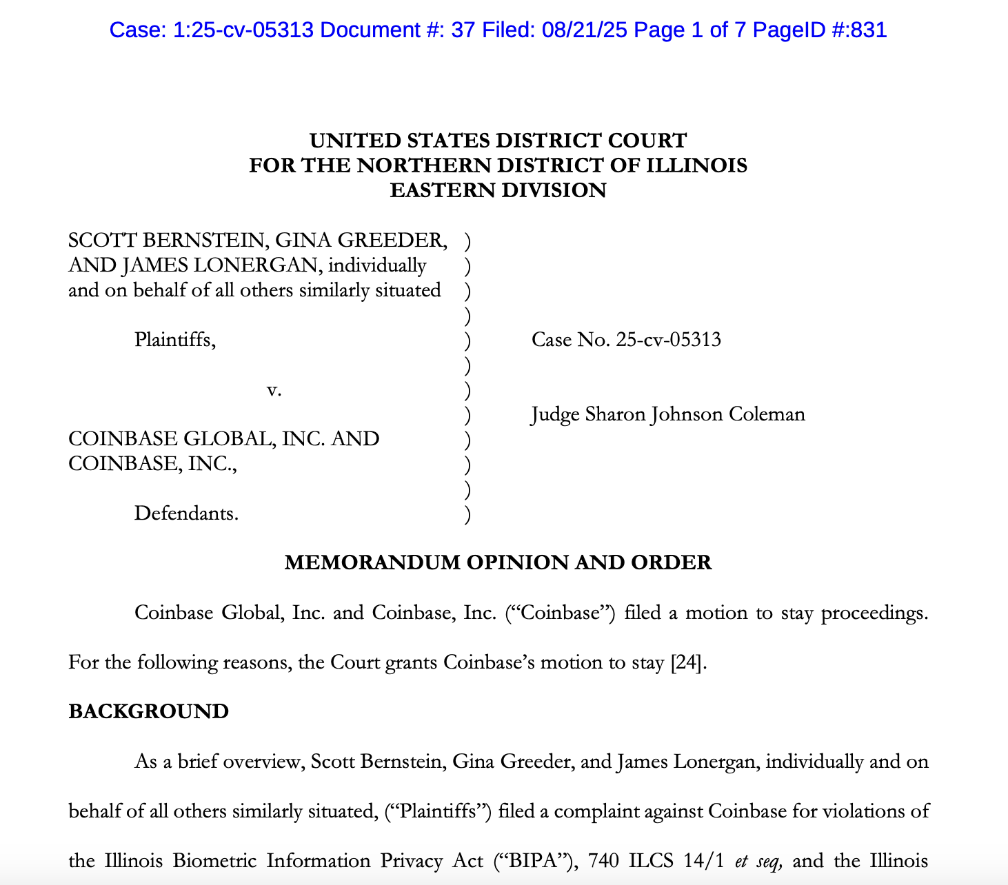 Judge May Stay Coinbase Biometric Lawsuit Pending Seventh Circuit Ruling, Could Impact Bitcoin Breach Claims 1 Coinbase, Privacy, Court, Biometric Security, Data