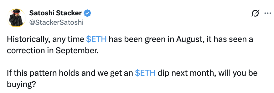 Historical Data Suggests Ether Could Weaken in September Despite August Rally and ETF Inflows 2 Cryptocurrencies, Ethereum Price