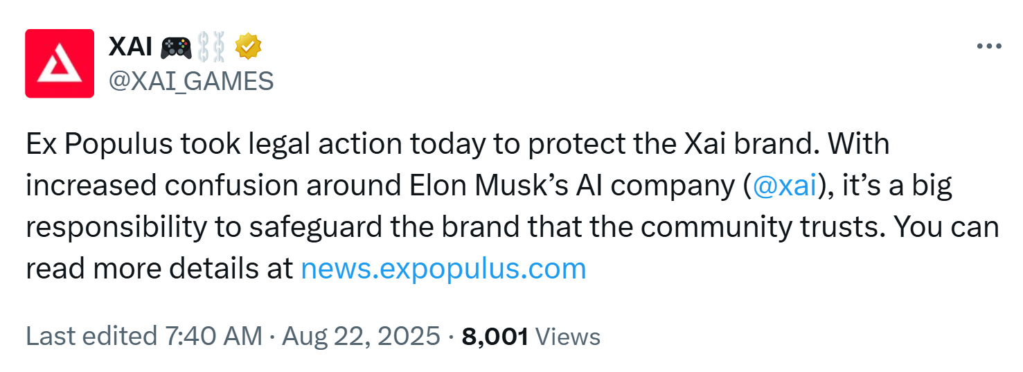 Ethereum Gaming Network Xai Alleges Musk’s xAI May Be Causing Market Confusion, Files Trademark Lawsuit 1 0198dad9 7651 7c30 bd77 8f69e679a0bb