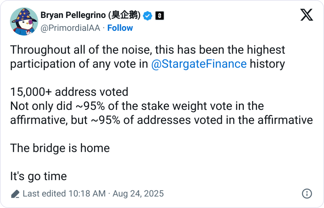 Stargate Community Approves LayerZero’s $110M Bid, STG Swap Could Return Token to LayerZero 1 Bryan Pellegrino announcement screenshot