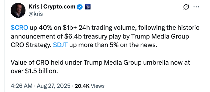Cronos (CRO) Could Extend Rally After Trump Media Group's $6.4B CRO Strategy Announcement 1 Kris Marszalek announcement screenshot