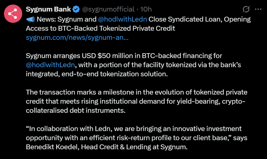 Twice-Oversubscribed Bitcoin-Backed Refinance by Ledn With Sygnum Could Boost Tokenized Credit and Inflation-Resistant Yield Demand 1 0198ec7a 6184 74b1 a638 fcdc6b41f81a