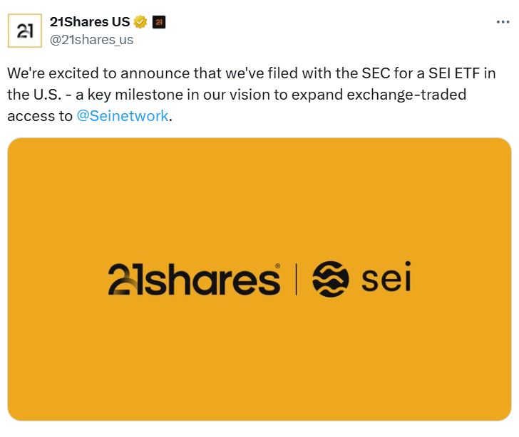 21Shares Seeks SEC Approval for SEI ETF, Potentially Joining Canary Capital's Bid 1 21Shares US SEI ETF announcement image