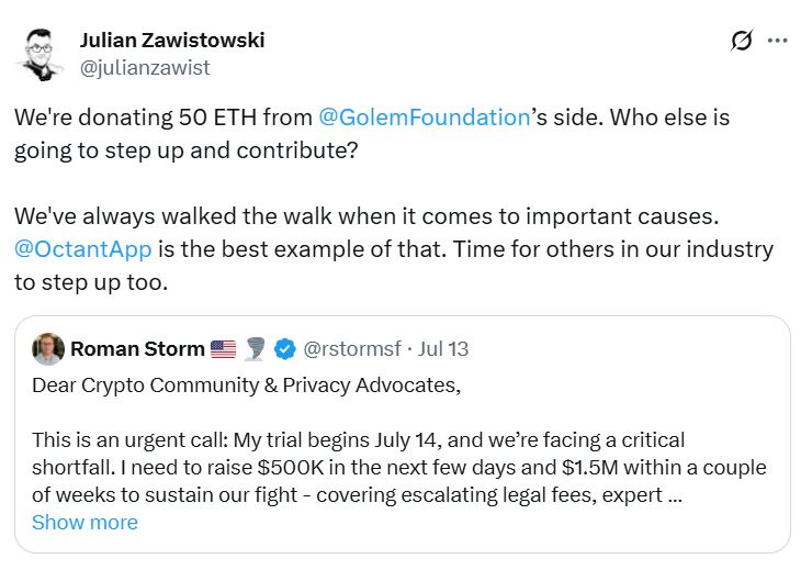 Ethereum Donors and $5.5M Defense Fund May Increase Legal Support for Roman Storm 2 Julian Zawistowski donation confirmation