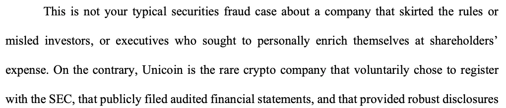 Unicoin Seeks Dismissal of SEC $100 Million Fraud Suit, Says Agency Distorted Its Filings 1 Excerpt from Unicoin’s opening argument in its motion to dismiss