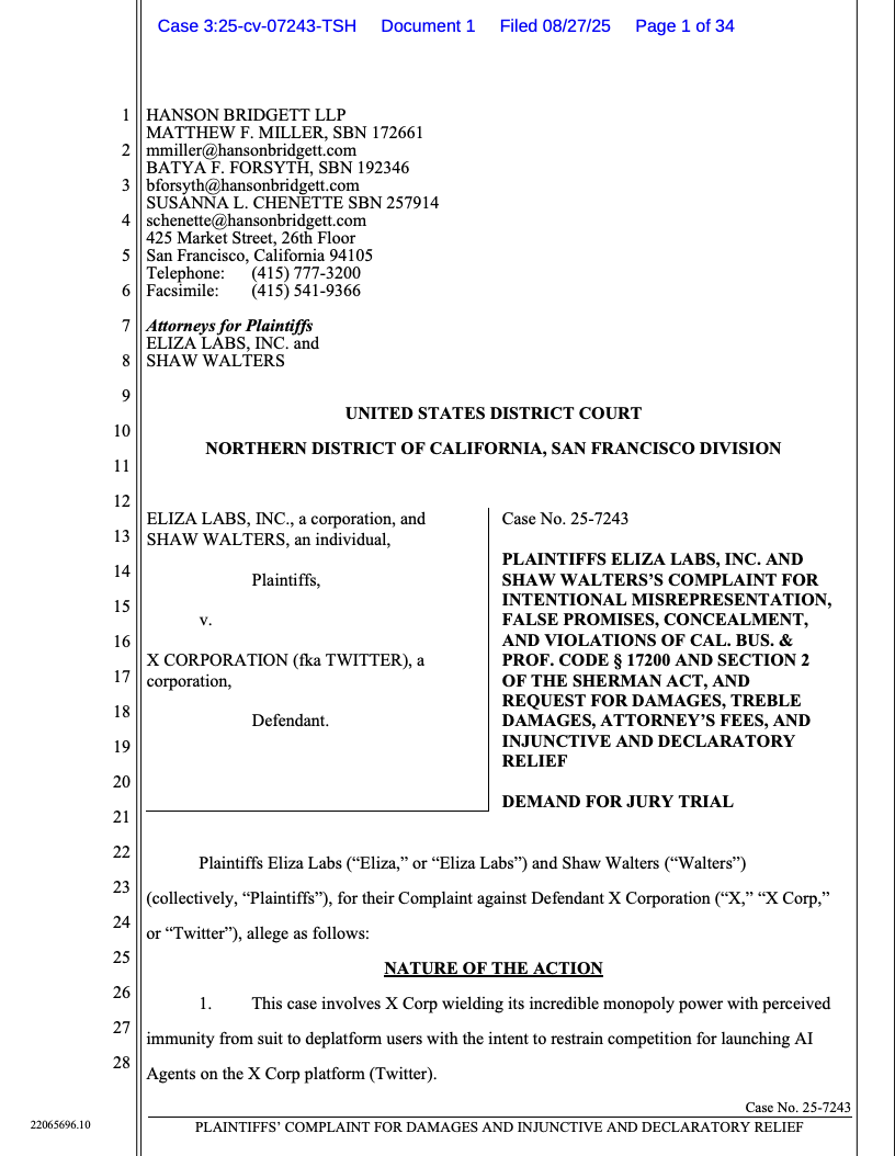 Eliza Labs Alleges xAI Demanded $50,000 Monthly License, Sought IP in Ethereum-Focused Dispute 1 Law, Elon Musk