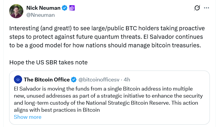 El Salvador Transfers 6,274 Bitcoin Into 14 Wallets as Precaution Against Potential Quantum Attack 1 El Salvador Bitcoin transfer announcement image