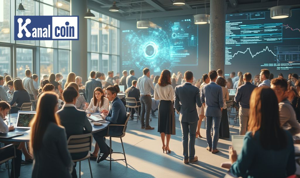 bustling conference hall scene