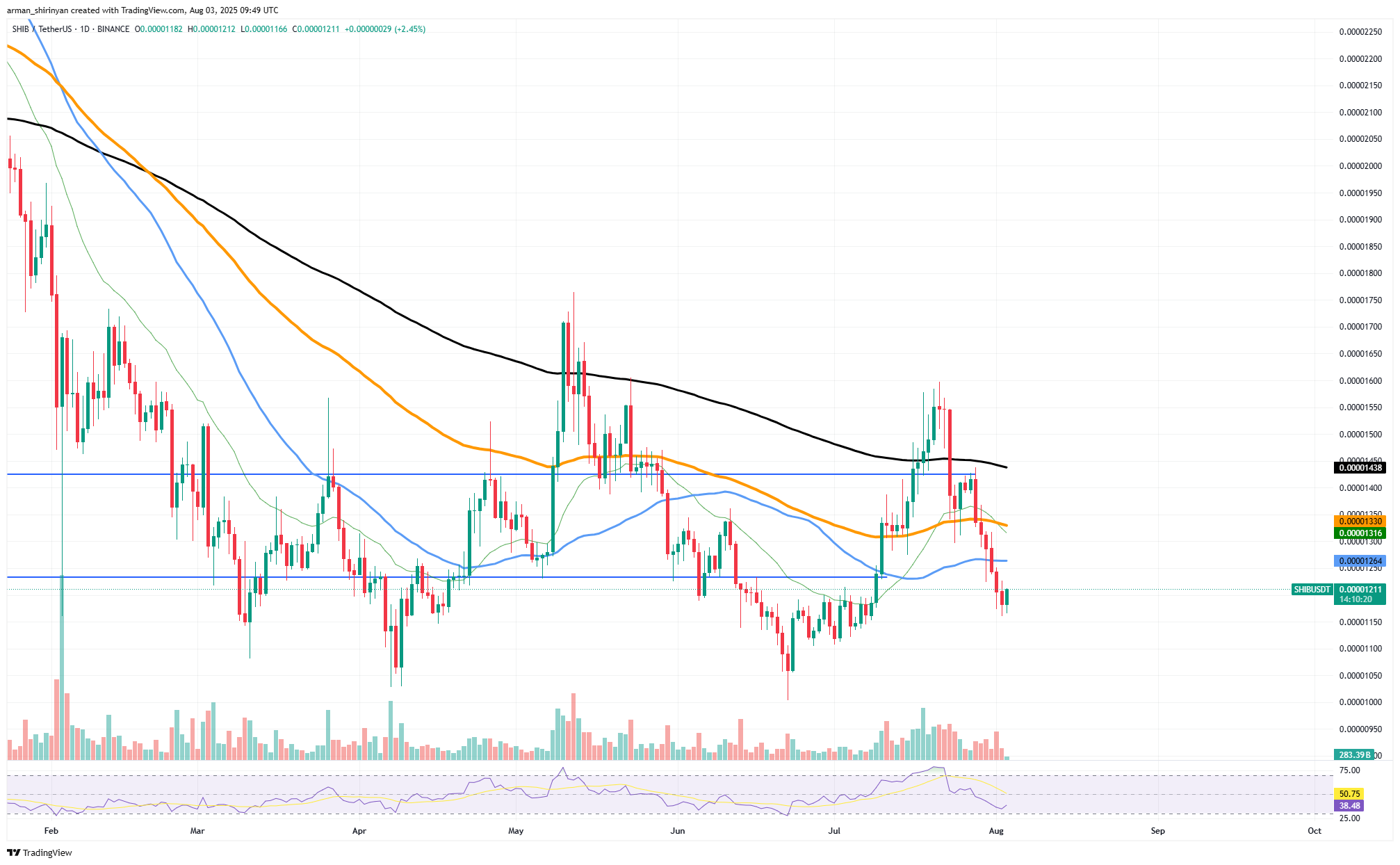 Shiba Inu Shows Signs of Stagnation and Possible Oversold Conditions Amid Low Whale Activity 1 SHIB/USDT Chart by TradingView