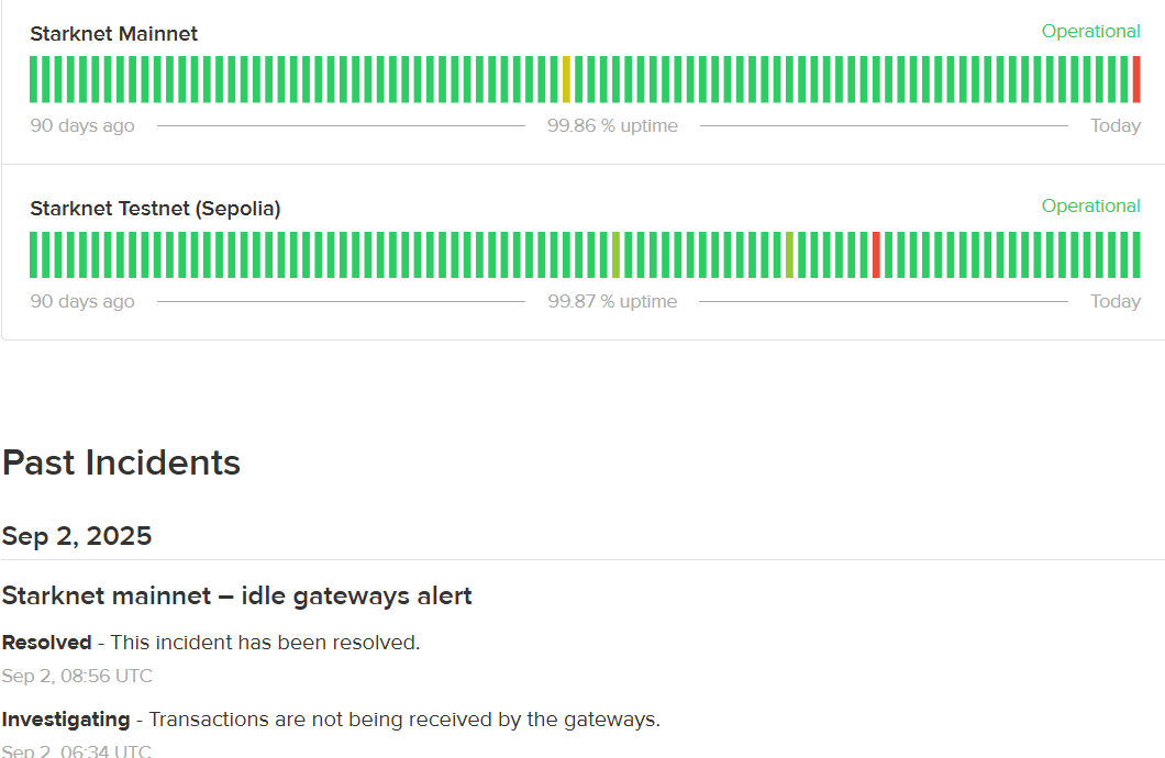 Ethereum’s Starknet suffers near three‑hour outage, could prompt scrutiny of L2 reliability 1 Starknet status screenshot
