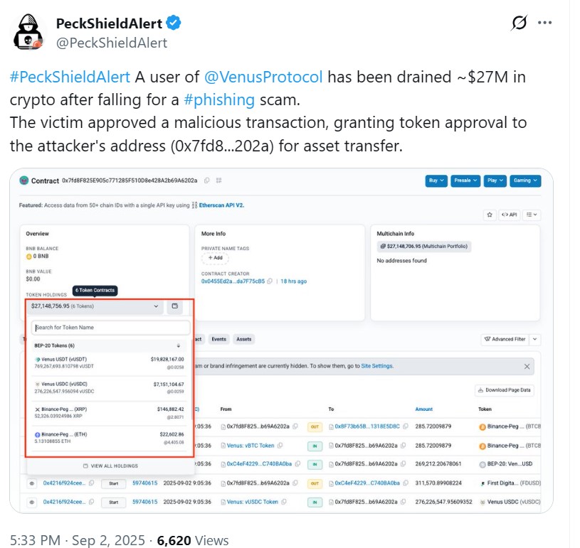 Venus Protocol Pauses as vUSDT Holdings May Have Been Drained in $27M Phishing Attack 1 01990a17 e1b5 720f 813f 9232098dbb22