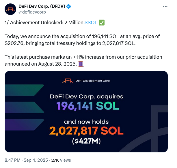 DeFi Development Corp's $117 Million Solana Purchases May Signal Bigger Staking Strategy as Stock Slips 1 DeFi Development Corp Solana acquisition chart