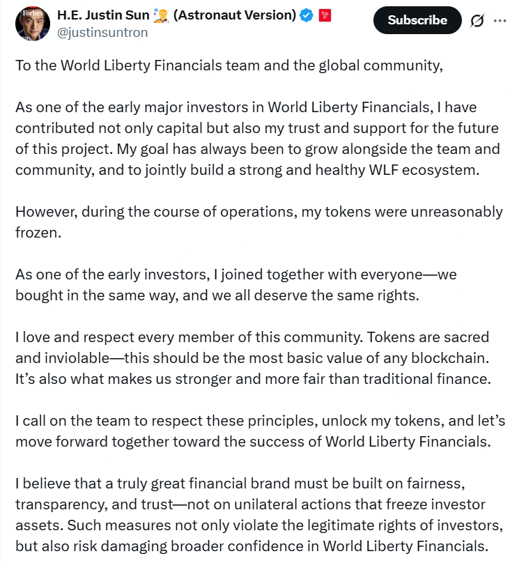 Justin Sun Seeks WLFI Token Unfreeze as Blacklisting Sparks Questions Over Possible Sell-Off 1 0199195a 4e23 7e80 9812 ae897db8b683