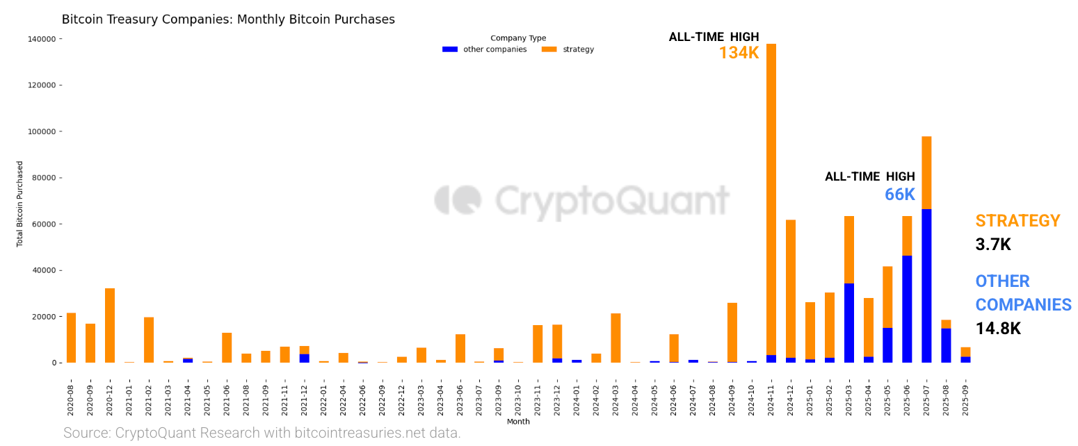 Bitcoin Treasury Firms May Face Turbulence as Share Price-to-NAV Gaps Narrow, NYDIG Says 2 Monthly Bitcoin purchases by Strategy (orange) and other treasury companies (blue)