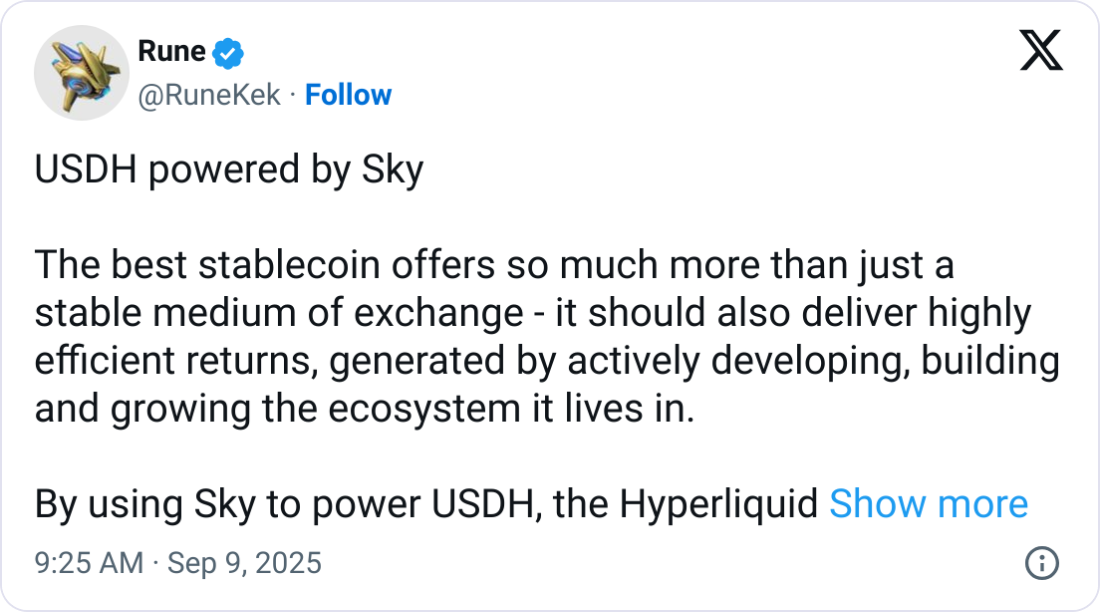 Sky Proposes Backing Hyperliquid's USDH Stablecoin, Offering Yield and Option for GENIUS Act Compliance 1 Rune Christensen