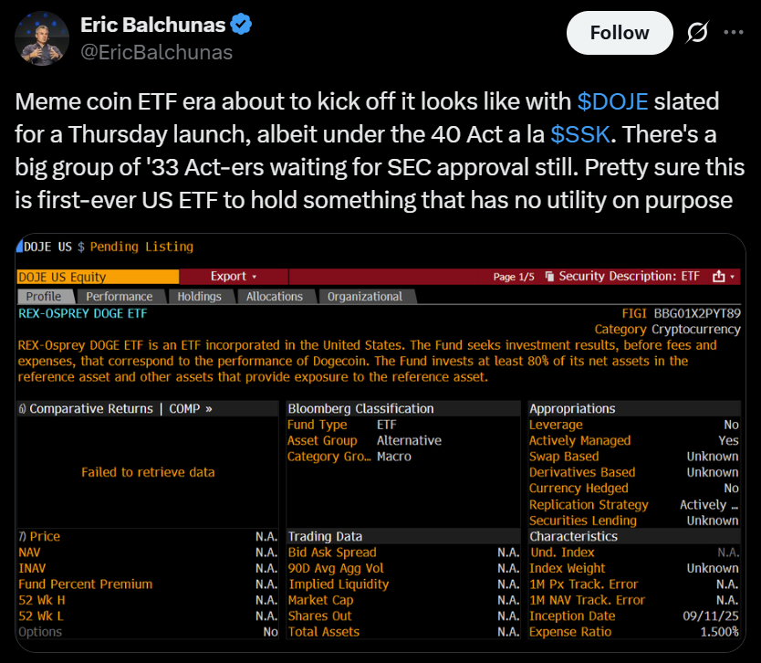 Dogecoin ETF May Debut in US After Reported SEC Approval of Rex-Osprey Doge Fund 1 Eric Balchunas