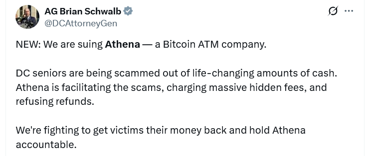 DC Attorney General alleges Athena Bitcoin may have charged undisclosed fees and lacked safeguards amid spike in crypto ATM fraud 1 Athena Bitcoin kiosk and legal filing