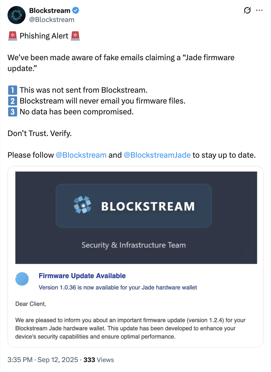 Blockstream Jade Firmware Phishing May Target Bitcoin Users With Malicious Update Links 1 01993fb5 a50b 78d3 b33d 4bc97499b6e9