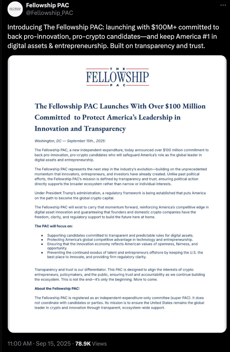 Fellowship PAC’s $100M Launch Could Boost Pro-Crypto Candidates As Bitcoin Donations May Influence 2026 Elections 1 Politics, Funding, United States, Elections