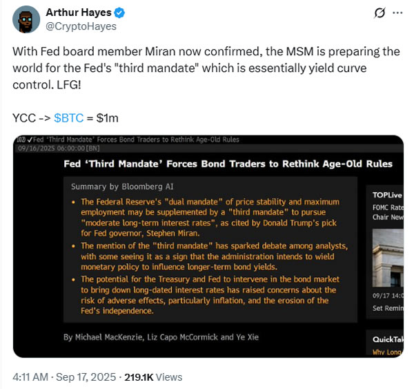 Arthur Hayes quoted on potential Bitcoin upside