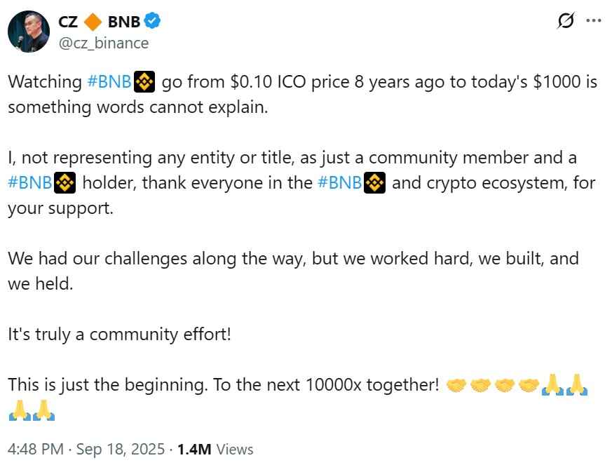 CZ celebratory post screenshot