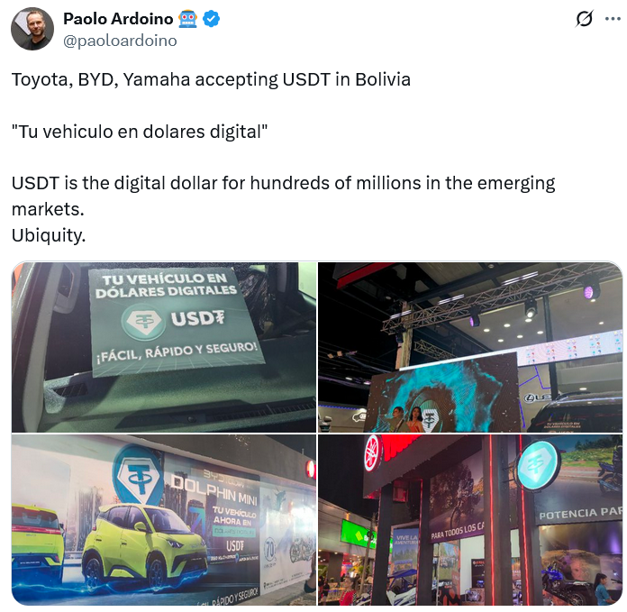 Tether (USDT) Bolivya’da Toyota, Yamaha ve BYD’de Kabul Ediliyor; Dolar Kıtlığı Ortamında Stablecoin Kullanımını Artırabilir 1 01996eea 7ce6 71e4 9743 65715e4669cb