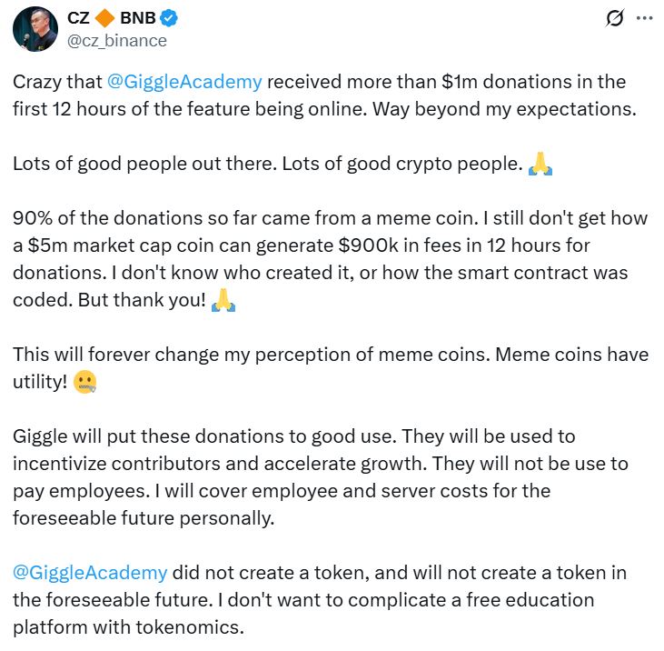 Memecoin $GIGGLE May Have Helped Raise More Than $1.3M for CZ’s Giggle Academy 1 Cryptocurrencies, Changpeng Zhao, Tokens