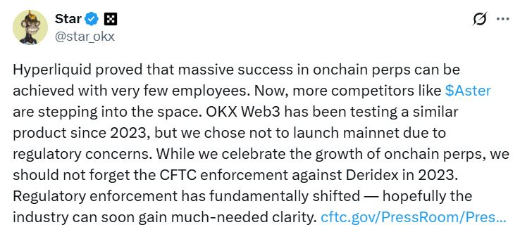 OKX Cites CFTC Deridex Enforcement as Possible Reason for Delaying Onchain Perps Launch 1 Star Xu statement on decentralized perpetuals