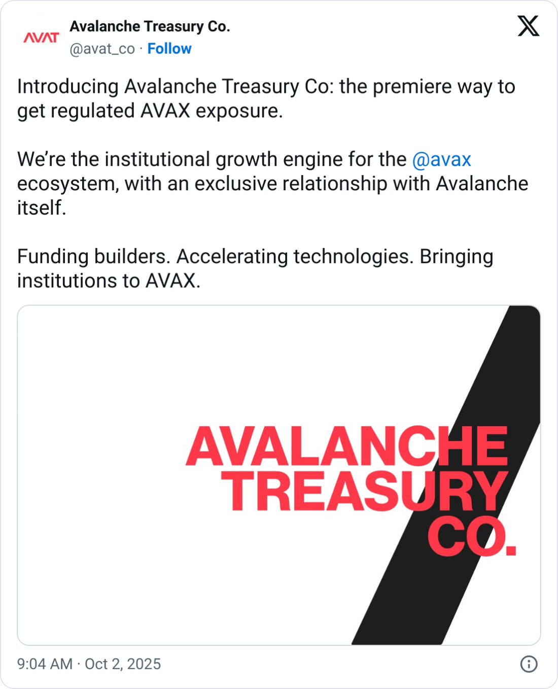 Avalanche Treasury Co. duyuru görseli