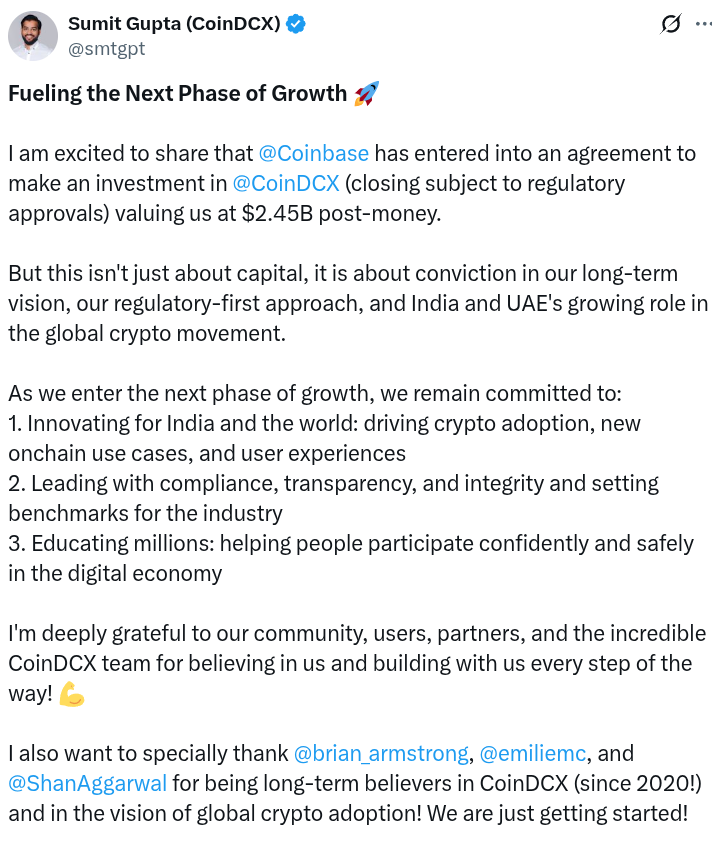 Coinbase Ventures’ CoinDCX Investment at $2.45 Billion Could Signal Growing Bitcoin Interest in India and the Middle East 1 0199e6de c850 7a3f bd8f 75c0ff9d018d