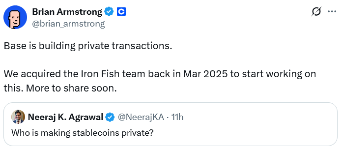Coinbase'ın Base'i Iron Fish Üzerinden Özel USDC İşlemlerini Keşfediyor, Gizlilik Sınırlamaları Not Edildi 1 Brian Armstrong Base'te özel işlemleri duyuruyor