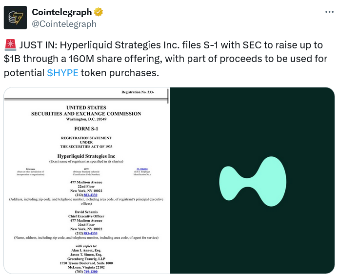 Hyperliquid Strategies May Raise $1B to Bolster HYPE Token Holdings 1 019a0f64 e48d 7f04 a380 60488f61a615