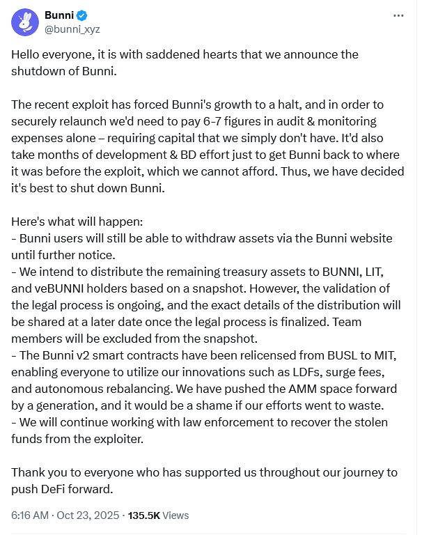 Bunni DEX Winds Down After $8.4M Exploit, Open-Sources v2 Contracts Under MIT 1 019a0fc4 fa5f 7db6 af36 17cd809de3ae