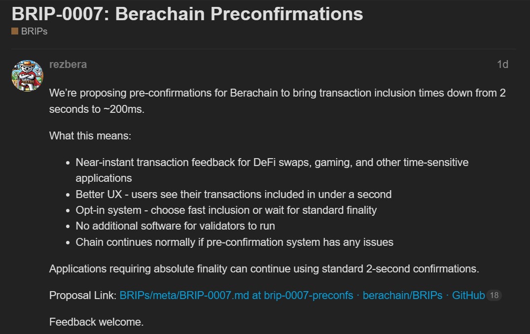 Berachain Proposal Could Slash Transaction Times to 200 Milliseconds via Preconfirmations 1 019a110b d6e0 71b0 bb01 813636f4e6b1