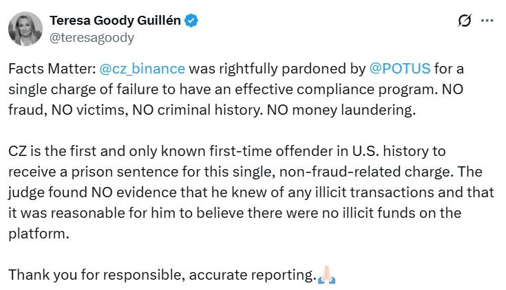 Trump Pardons Binance Founder CZ, Potentially Boosting U.S. Crypto Ambitions 1 Teresa Goody Guillén statement on CZ pardon