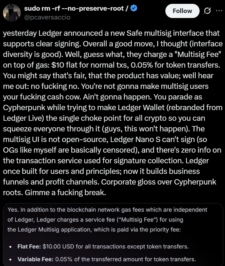 Ledger Multisig App Draws Praise for Upgrades, Criticism Over Fees in Ethereum Community 1 Ethereum developer pcaversaccio criticizing Ledger's fees