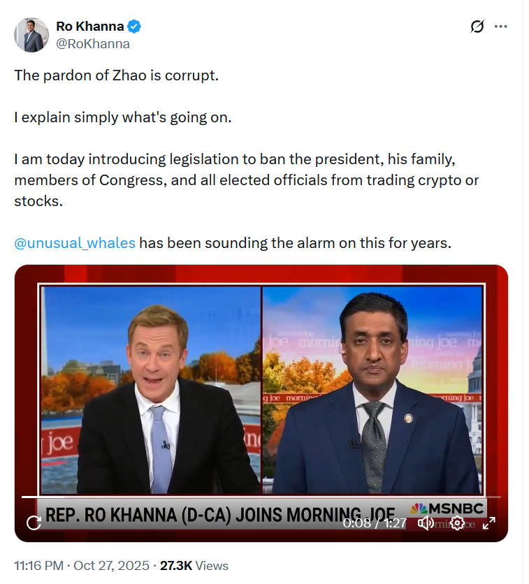 US Rep. Ro Khanna Seeks Bill to Bar Elected Officials from Trading Crypto Like WLFI 1 Rep Khanna discusses his reasoning for introducing the new legislation