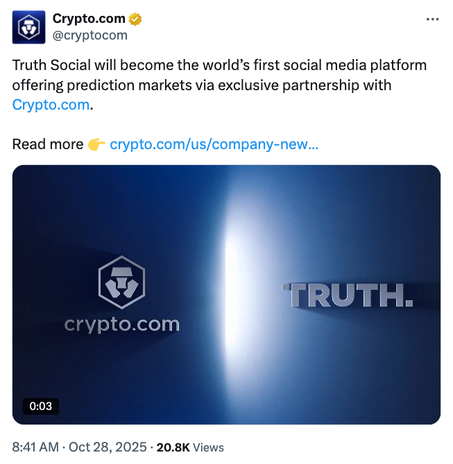 Truth Social Partners with Crypto.com for Potential Prediction Markets Launch 1 Predictions, Donald Trump, Social Media, Crypto.com, Policy