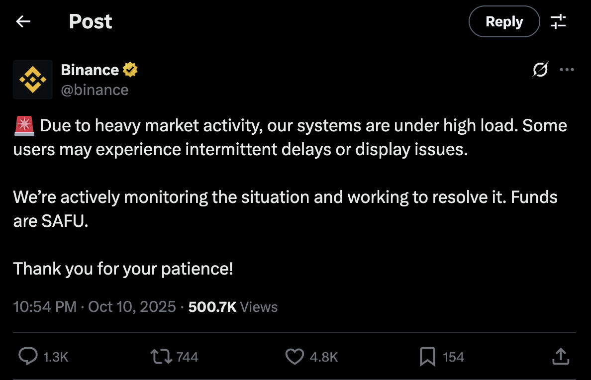 Binance degardation announcement
