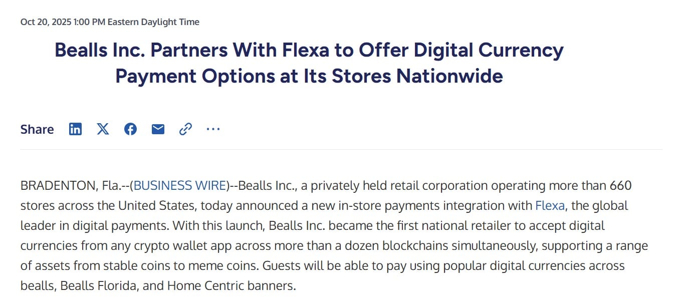 Bealls Integrates Bitcoin and Crypto Payments Across 660 U.S. Stores 1 Screenshot 2025 10 22 144846