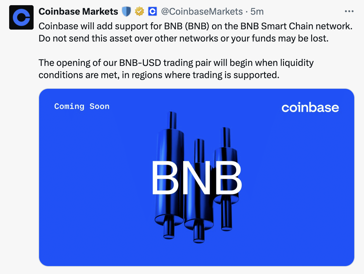 Robinhood Lists BNB, Coinbase Eyes Support as Token Holds Steady Near $1,072 1 Coinbase BNB listing announcement