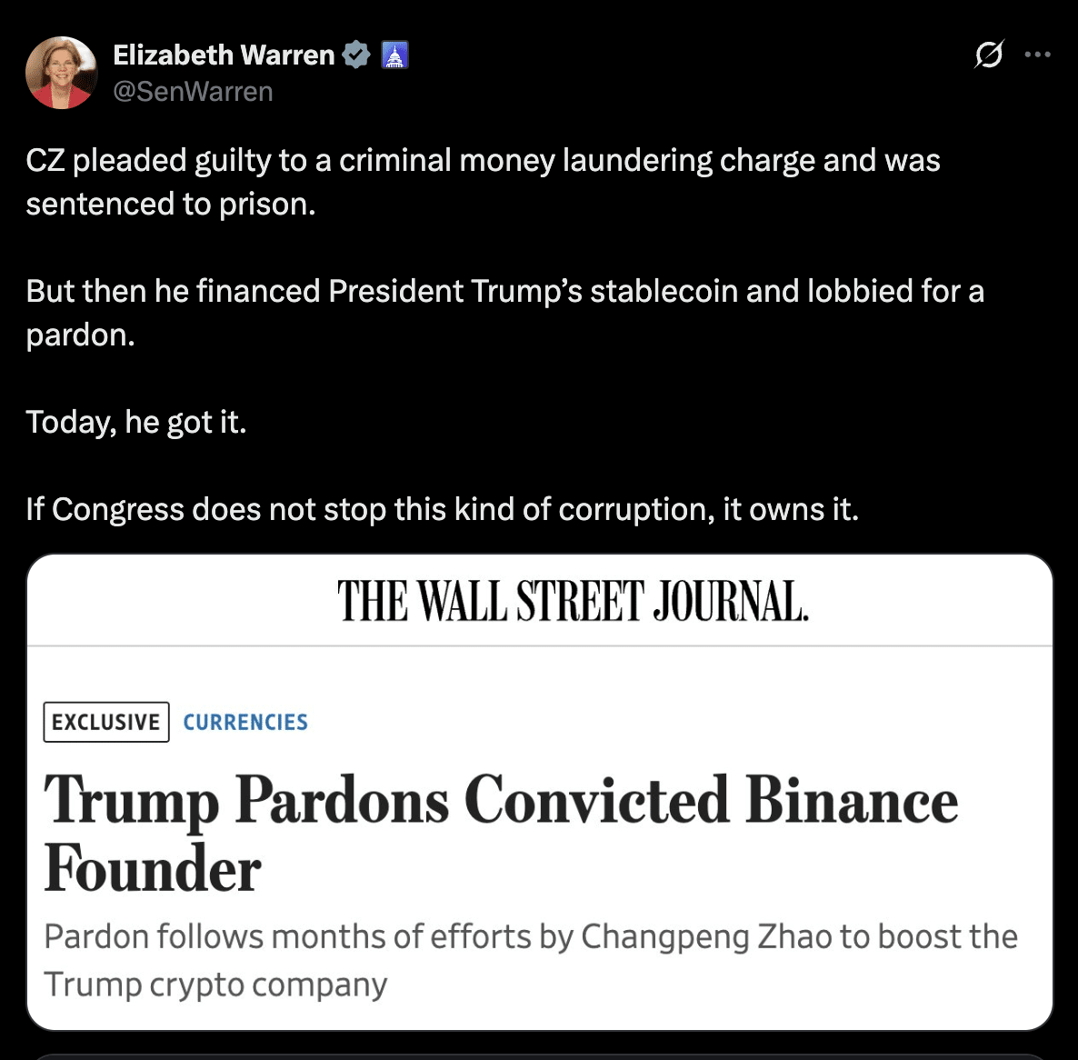 Binance Founder CZ Eyes Defamation Suit Against Elizabeth Warren Over Post 1 Elizabeth Warren's comment about CZ