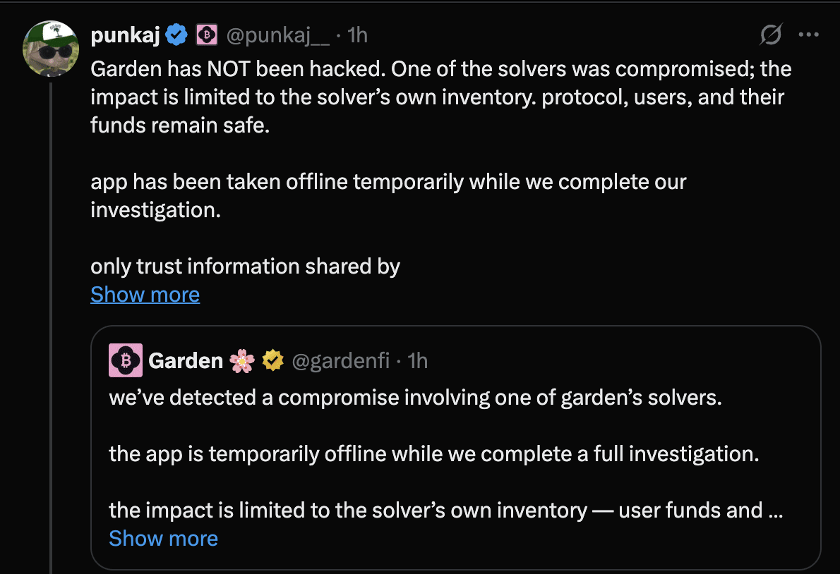 Garden Finance Exploit Sparks Debate: Team Denies Hack Amid ZachXBT's On-Chain Evidence 1 Garden Finance Statement after the hack