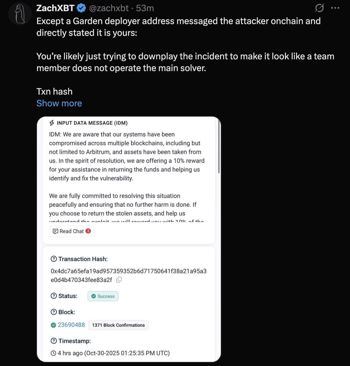Garden Finance Exploit Sparks Debate: Team Denies Hack Amid ZachXBT's On-Chain Evidence 2 ZachXBT's response to Garden Finance
